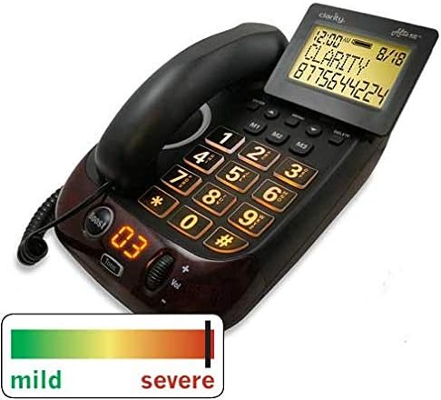 Clarity AltoPlus phone with an overlay showing a 'mild to severe' hearing loss scale, indicating the phone's suitability for various levels of hearing impairment.