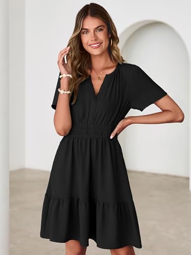 Image of Simplee Womens Casual Summer Dresses 2026 V Neck Short Sleeve Empire Waist Flowy A Line Ruffle Tiered Mini Sundress