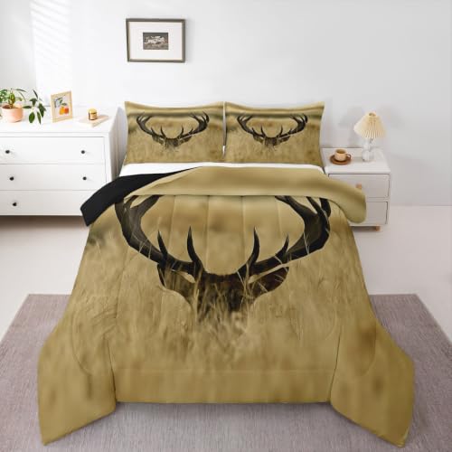 Antler Comforter Set Twin, Whitetail Deer Down Comforter, Stag Quilted Duvet, Countryside Rural Hunting Theme Comforter Set for Christmas Decorations Bedroom Decor All Season, Ultra Lightweight