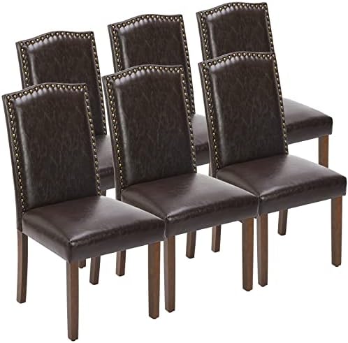 DUMOS Upholstered Dining Chairs Set of 6, Modern Leather Dining Room Chair with Nailhead Trim and Wood Legs, Mid-Century Accent for Living Room, Kitchen, Dark Brown
