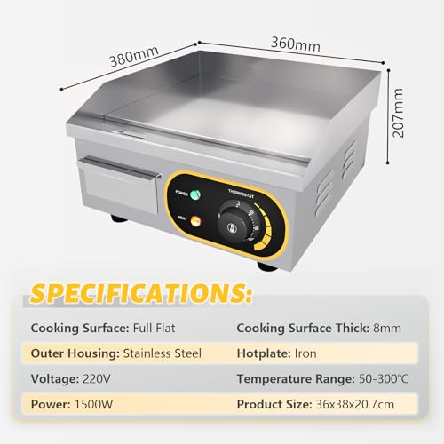 Plancha parrilla eléctrica de 35.5cm de acero inoxidable con control de temperatura 7