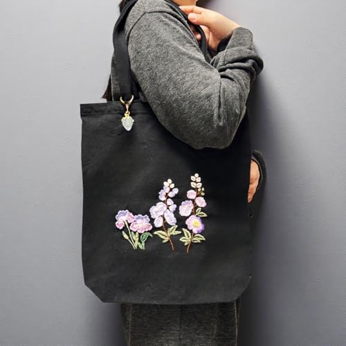 Image of Speedura Embroidery Kit for Beginners - Dual Canvas Tote Bags with Floral Cross Stitch Patterns | Complete Needlepoint Set Includes Hoops, Threads & Step-by-Step Video Tutorial (Beige & Black Set)