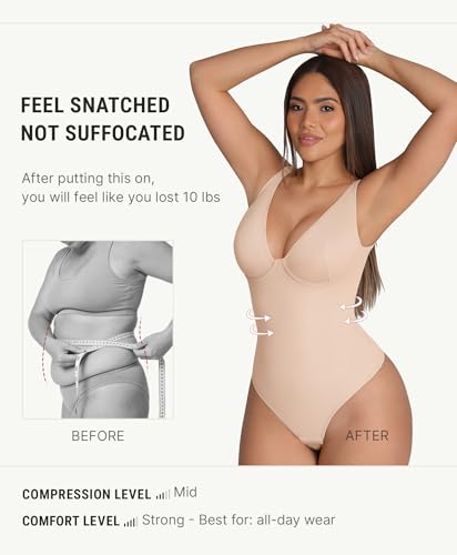 Image of FeelinGirl Shapewear Bodysuits for Women Tummy Control Body Suits Deep V Neck Thong Body Shaper