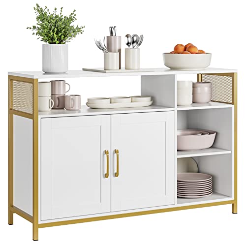 Hithos Kitchen Buffet Cabinet, Accent Sideboard Buffet With Storage, Wood Floor Storage Cabinet With Doors And Shelves, Industrial Living Room Dining Room Furniture,Gold/White #TOP8