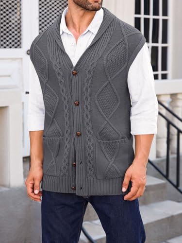 Runcati Mens Cable Knit Sweater Vest Shawl Collar Casual Slim Fit Sleeveless Button Down Cardigan Vest with Pockets2
