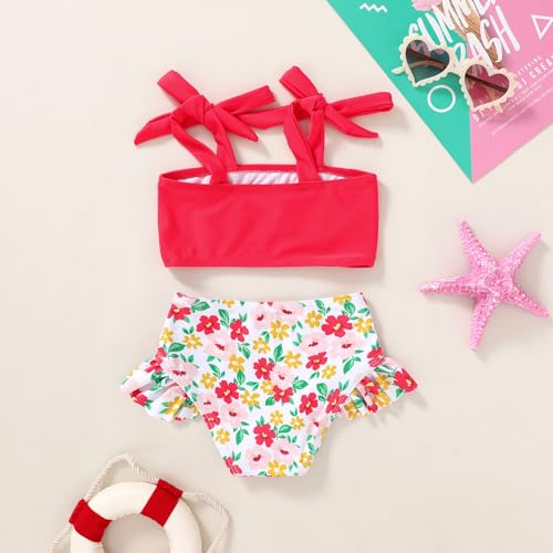YOUNGER TREE Toddler Girls Two Pieces Swimsuit Color Block Stripe Swimwear Summer Beach Bathing Suit 18M-5T（Red#Flower 18-24 Months） - Thumbnail 3