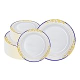 MENDENG 100Pcs Disposable Plastic Plates for Party, 50x7.5Inch & 50x10.25Inch Elegant Fancy Plastic Wedding Plates Disposable with Blue & Gold Rimmed, Heavy Duty Dessert Party Dinner Plates