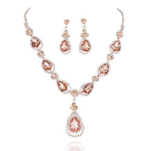 SP Sophia Collection Women's Elegant Crystal Teardrop Statement Necklace Dangle Earring Set in Rose Gold