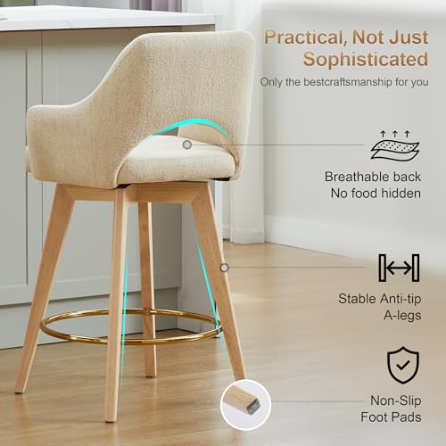 Zesthouse Swivel Bar Stools Set of 4, Wooden Counter Height Bar Stools with Arm & Back, Upholstered Linen Fabric Barstools with Solid Wood Legs & Gold Metal Ring, High Chairs for Kitchen Island, Beige - Thumbnail 4