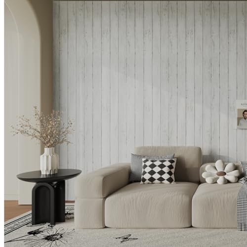 Abyssaly Peel and Stick Wallpaper 17.7" X 118" White Gray Wood Shiplap Contact Paper Self-Adhesive Removable Decorative Wall Covering Vintage Wood Plank Film for Home Decoration