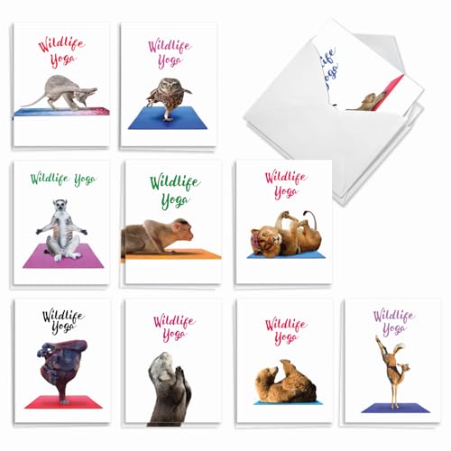 The Best Card Company - 20 Blank Yoga Animal Cards (4 x 5.12 Inch) - All Occasion Set (10 Designs, 2 Each) - Wildlife Yoga AM7030OCB-B2x10