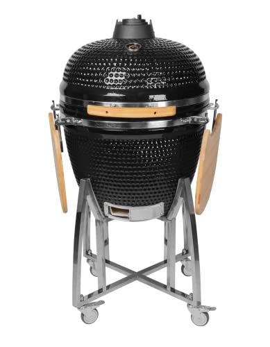 Humos - 23” ExtraLarge Ceramic Kamado, Grill Cooker + Oven + Smoker (With Trolley, Wheels and Cast Iron Vent) Cooking Area 305 Sq Inches, Black Humos - 23” ExtraLarge Ceramic Kamado, Grill Cooker + Oven + Smoker (With Trolley, Wheels and Cast Iron Vent) Cooking Area 305 Sq Inches, Black