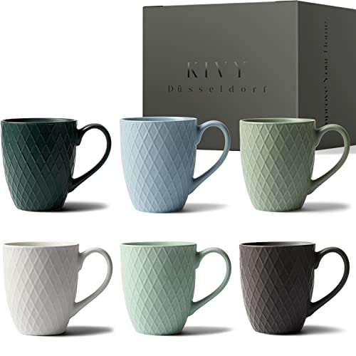 KIVY Tazas de Cerámica [6x400 ml] –con Asa Grande -Tazones Desayuno – Coffee Mug - Juego de Cafe Moderno