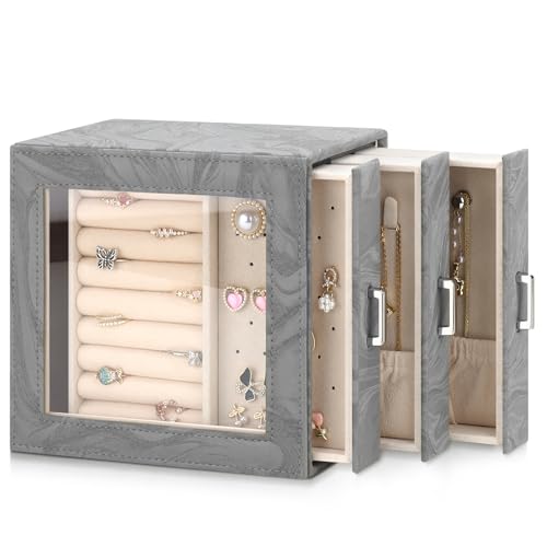 Image of DesignSter Jewellery Box Organiser, Jewelry Box for Women, PU Jewelry Organiser Display Case with Side Drawers, Jewellery Storage for Earring Necklace Ring Bracelet Watch, Ink Gray