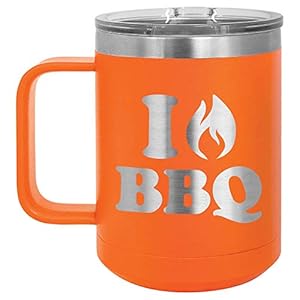I Love BBQ ORANGE 15 oz Coffee Cup w/Slide Top Lid | Insulated Travel Coffee Mug | BBQ & Grilling Gift Idea For Men Who…