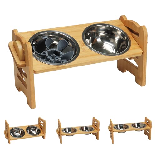 RLAVBL Hundenapf erhöht, Verstellbare Haustier-Futterschale aus Bambus mit Langsamfresser und 2 Edelstahlnäpfen, Anti-Rutsch-Pads, Ideal für Hunde...