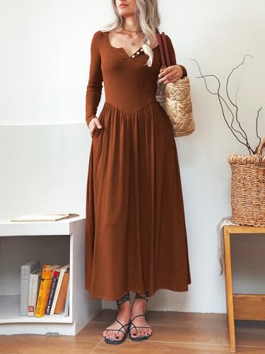 Image of Mieazom Long Sleeves Maxi Dress for Women A Line 2025 V Neck Casual Button Boho Tshirt Long Dress with Pockets