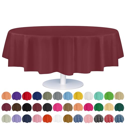 Image of Grandipity Plastic Table Cloth Disposable 12 Pack 84 inch Round Burgundy | Plastic table covers, durable disposable tablecloths, fade and tear-resistent table cover for party, event
