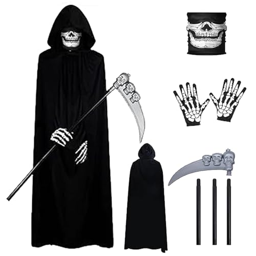Hyfkjdm 4 Teile Sensenmann Kostüm,Halloween Kostüm Sensenmann,Schwarzer Umhang mit Kapuze, Sense, Skelett Maske & Skelett Handschuhe,Halloween Umhang Set,für Halloween Dekoration Cosplay