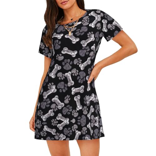 Chemise de nuit pour femme imprimé pattes de chien manches courtes taille S-XXL