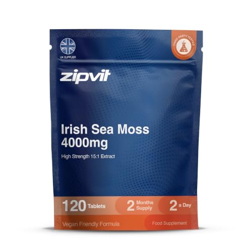 Zipvit Irish Sea Moss Tablets 4000mg, High Strength Seamoss Supplement, Sustainably Sourced, 120 Vegan Tablets, 2 Months Supply, Eco Friendly Pouch