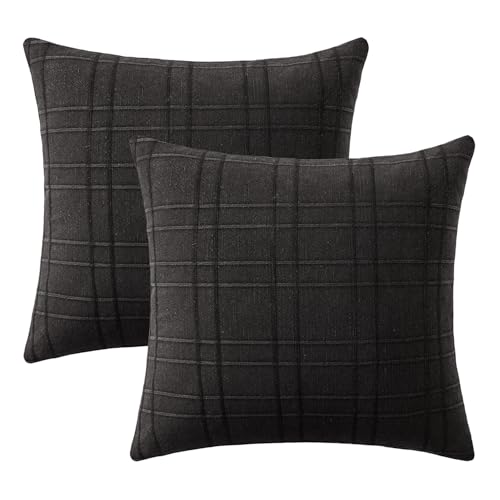 Image of MIULEE Decorative Linen Check Euro Shams Throw Pillow Covers Neutral Farmhouse Vintage Pillow Covers 24x24 Set of 2 Boho Modern Home Decor for Sofa Couch Bedroom Cushion Black