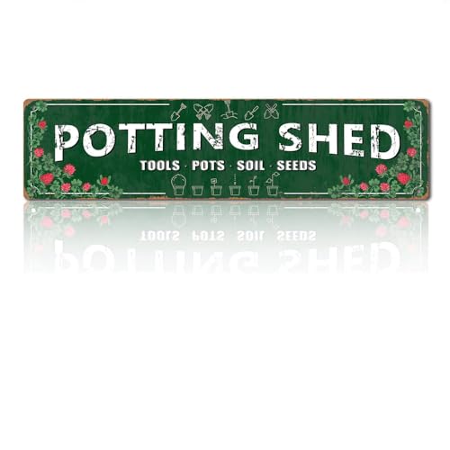 LQNMPPH Potting Shed Tools Pots Soil Seeds Street Sign, Garden Patio Poster for Home Office Bedroom Driveway Garage Man Cave Plaque Quality Metal Sign 16x4 Inch