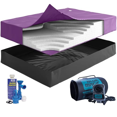 Blue Magic 99% Waveless Hardside Waterbed Mattress Bundle with Eight Wave Reducing Fiber Layers, 300W Heater, Liner, Fill/Drain Kit & Conditioner - Frame Not Included (Super Single)