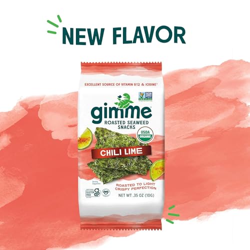 Gimme Seaweed Organic Premium Roasted Seaweed Snacks, Chili Lime, 10g Sharing Pack (Single) Keto, Vegan, Gluten-Free, Great Source of Omega3s and Iodine, Healthy On-The-Go Snack for Kids and Adults