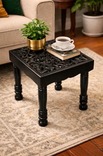 Image of Brown Arts Shoppee Center Small Carved Coffee Table Fold-able Square Shaped Side Table for Tea Coffee Breakfast Side Table (Black)