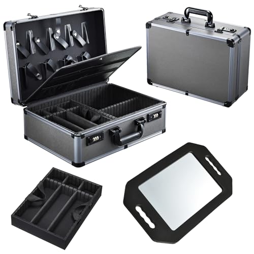 Yueieoun Professional Barber Case with Barber Clipper Tray Organizer, 6 Adjustable Clipper Slots & 8 Shear Holders, Portable Barber Carrying Case for Hair Tools & Supplies with Combo Locks