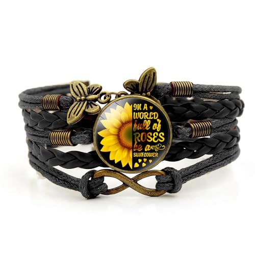 Image of Boho Sunflower Gifts Sunflower Leather Bohemian Bracelet Birthday Gifts for Women Teens Granddaughter Wife Daughter Mom Friendship Bracelets for Her