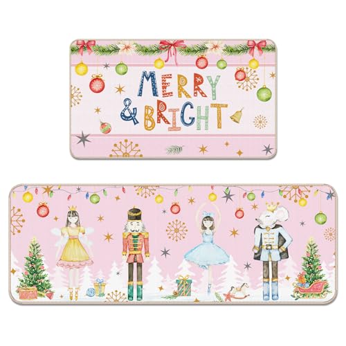 Capoda 2 Pieces Christmas Kitchen Rugs and Mats Set Non Slip Xmas Rugs and Mats for Home Indoor Outdoor Living Room Bedroom Winter Holiday Decorations 17 x 47 Inch and 17 x 29 Inch(Pink,Nutcracker)