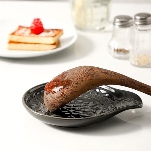 Image of Farmhouse Ceramic Spoon Rests Holder for Kitchen Counter Stove Top (Black-A4)