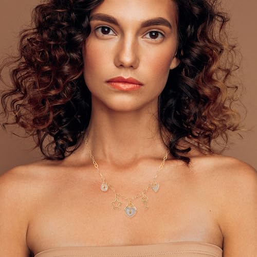 Gold Charm Necklace for Women Gold Plated Chain Pendant Necklace with Cute Dangle CZ Love Heat Lock Key Star Clover Cross Pendant Adjustable Trendy Y2K Party Jewelry Gift for Teen4