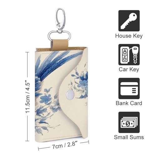 Blue And White Bird Vintage Key Holder Bag PU Leather ID Card Holder Keychains Case Cover for Men Women2