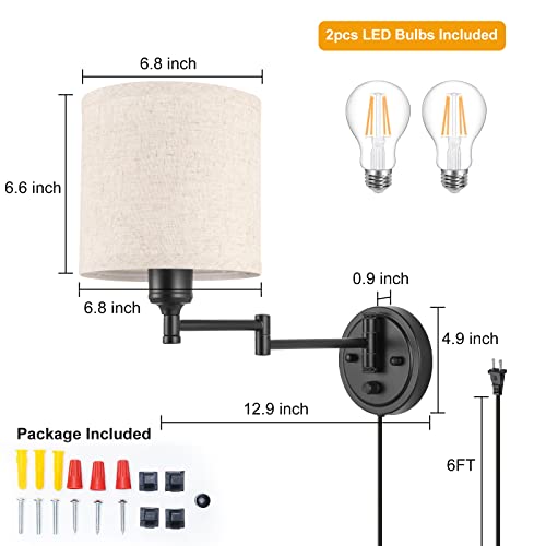 Encomli Dimmable Plug In Wall Sconces, Swing Arm Wall Lamp With Plug In Cord, Wall Sconces Set Of Two, Plug In Wall Light, Linen Fabric Shade, 2Pcs Bulbs Included #TOP4
