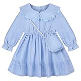 Play Tailor Toddler Fall Dress with Bag Girls Long Sleeve Outfits Ruffle Dress Casual Spring Fall Clothes for Baby Girls, Baby Blue, 18-24M