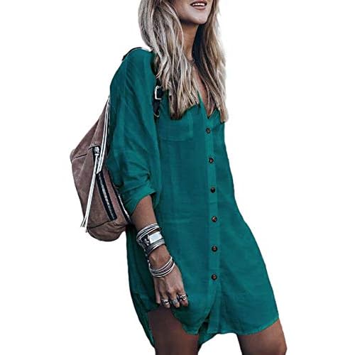 Bsubseach Womens Long Sleeve Linen Swimsuit Cover Up Button Down Beach Cover Ups Summer Swim Shirt Dresses Peacock Blue One Size