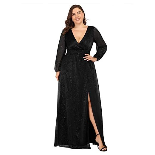 Ever-Pretty Women's Plus Size Long Sleeve Deep V-Neck High Slit Maxi Party Gowns Black US20