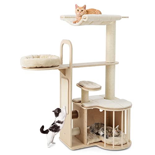 Petsite 55" Tall Cat Tree, Multi-Layer Wooden Cat Tower With Hammock, Cat Condo, Plush Perch, Cat Self Groomer, Scratching Posts, Cat Climbing Stand Activity Center Furniture For Kitten & Adult Cats #TOP12
