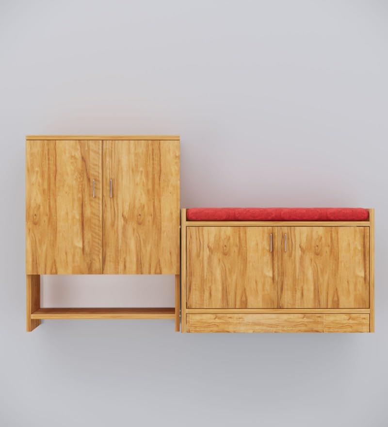 Image of SPECIALITY PANELS Wooden Shoe Rack with Storage Cabinet and Cushioned Bench, Natural Wood Finish, 2-Piece Set with Doors, DIY Assembly, 135x75 cm