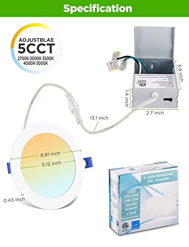 Lemonbest Recessed Lighting 6 Inch 6 Pack 5Cct Led Recessed Ceiling Light With Junction Box 2700K-5000K Selectable 12W 110W Eqv - Ultra-Thin Dimmable Canless Downlight 1050Lm High Brightness #TOP6