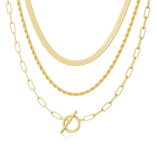 Freekiss Gold Layered Toggle Necklace for Women: 14K Gold Plated Dainty Link Chain Necklaces Herringbone Paperclip Rope Twisted Choker T-Bar Toggle Clasp Chunky Necklaces for Women Trendy Jewelry Set