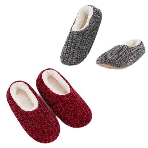 Image of Cozylook 2 Pairs Women Socks Soft Sole Slipper Socks with Grippers Thick Warm Cosy Sherpa Lining House Socks Set Cable Knit Non-Slip Fluffy Winter House Bedroom, Chenille Knit 2 Pack Red and Grey, 9.5