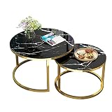 Nido de Mesas Juego de 2, Mesa Auxiliar de Centro Apilable Alta y Baja con Aspecto de Mármol Negro con Patas de Metal Dorado, Tablero de Mesa de Vidrio Templado Liso para la Sala de Estar de