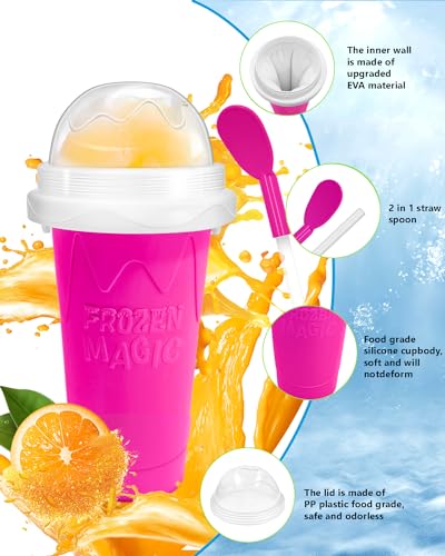 Slushie Cup, DIY Magic Slushy Maker Cups, Portable Slushy Cup for Juices, Milk and Ice Cream Make, Double Layers Silica with Lid & Straw for Kids, Friends, Family (Pink)