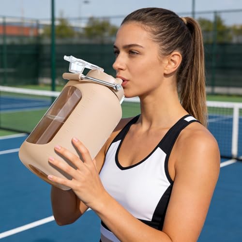 Image of WINSA 100 oz Glass Water Bottle with Straw, 3 Liter, Amber | Gallon Drinking Bottle, With Handle, Silicone Sleeve, For Gym Sports, Wide Mouth