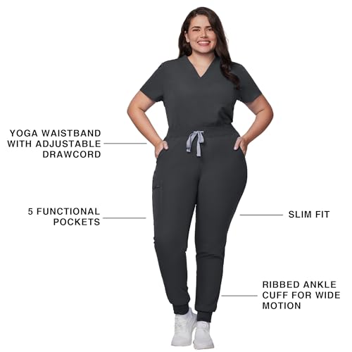 Image of Kitmaz Scrub Pants for Women - Mid Rise 4-Way Stretch Anti-Wrinkle Slim Fit Jogger Pants, Drawstring & 5 Pockets