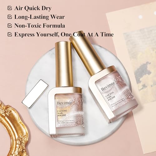 Bevimee Cat Eye Nail Polish Quick Dry, Magnetic Cat Eye Polish Non Gel Sheer Glitter Color & Velvet Shine, No UV Needed - Perfect for Nail Art & Long-Lasting Wear